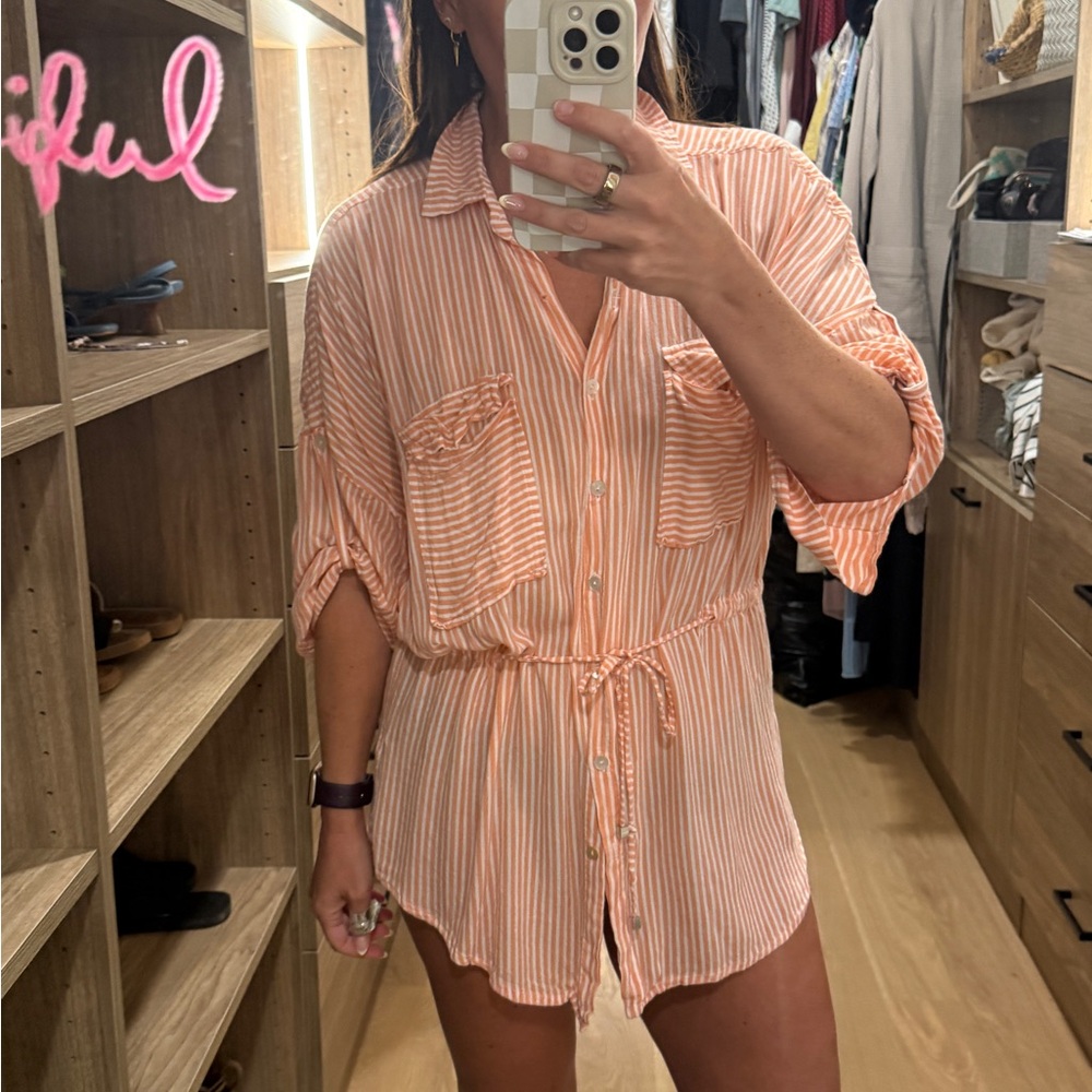 Striped Button Down Shirt in Peach and White